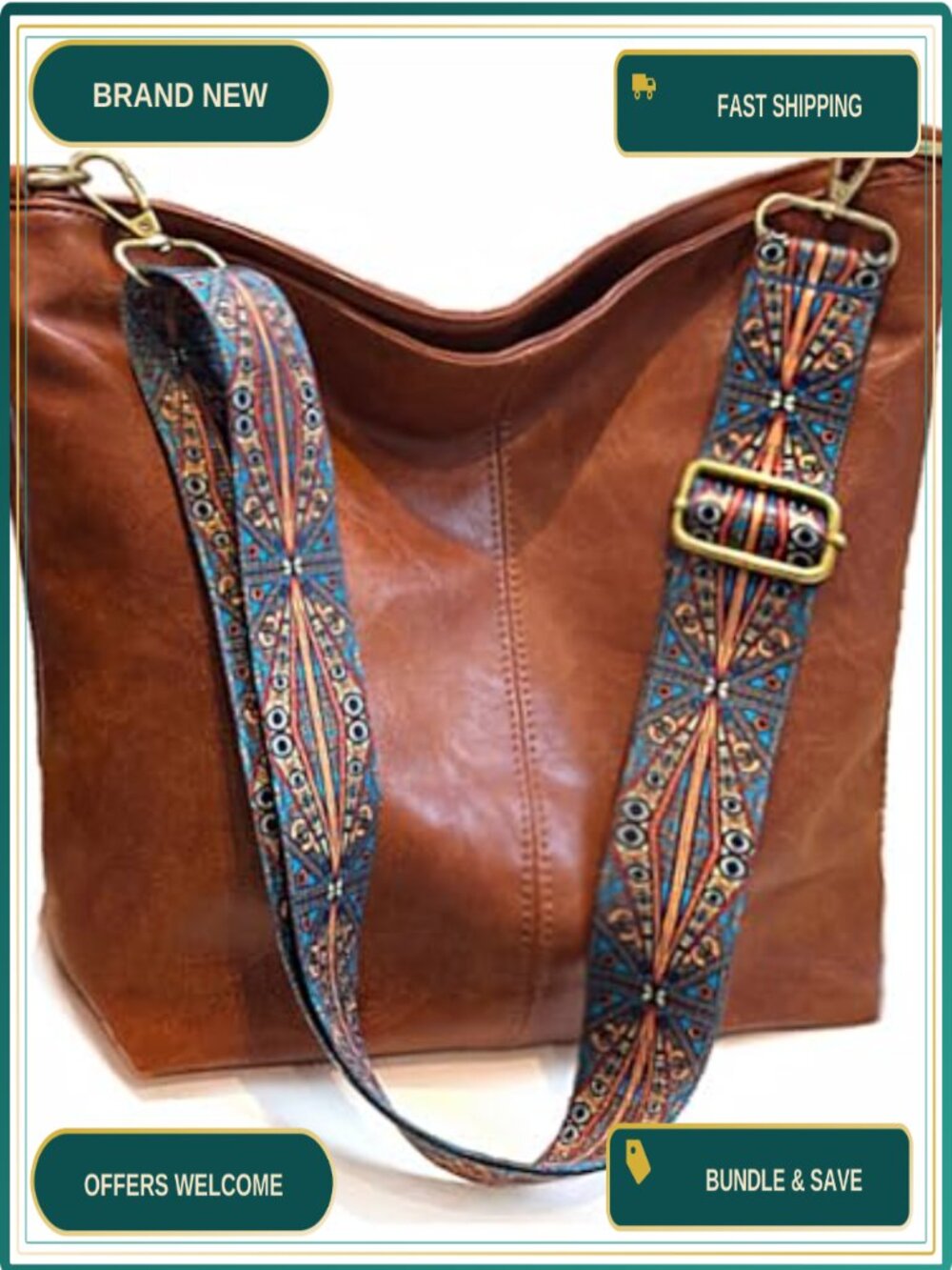 Vegan Leather Hobo Crossbody Bag with Guitar Strap & Zipper